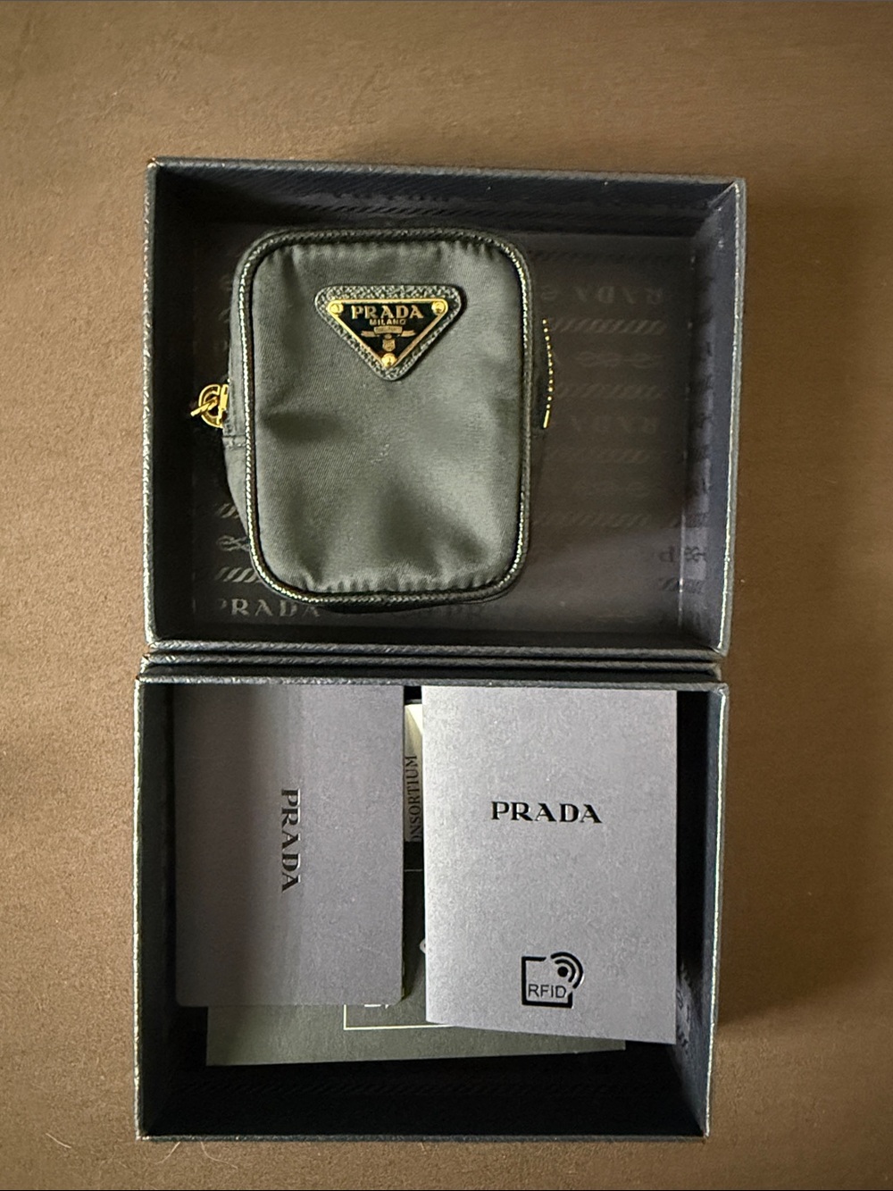 Prada Black Nylon Mini Zip Case with Gold Triangle Logo